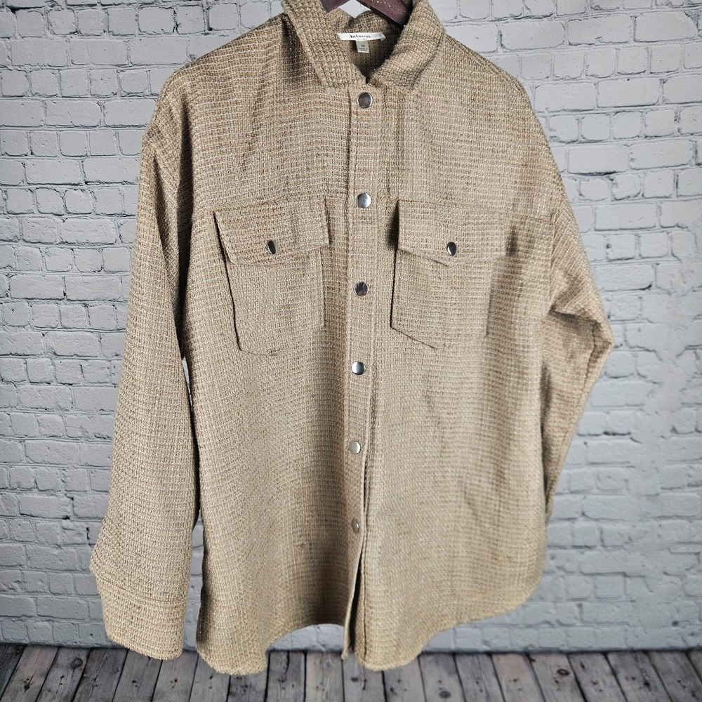 Lalavon Womens Medium Textured‎ Shacket Snap Button Overshirt Beige
